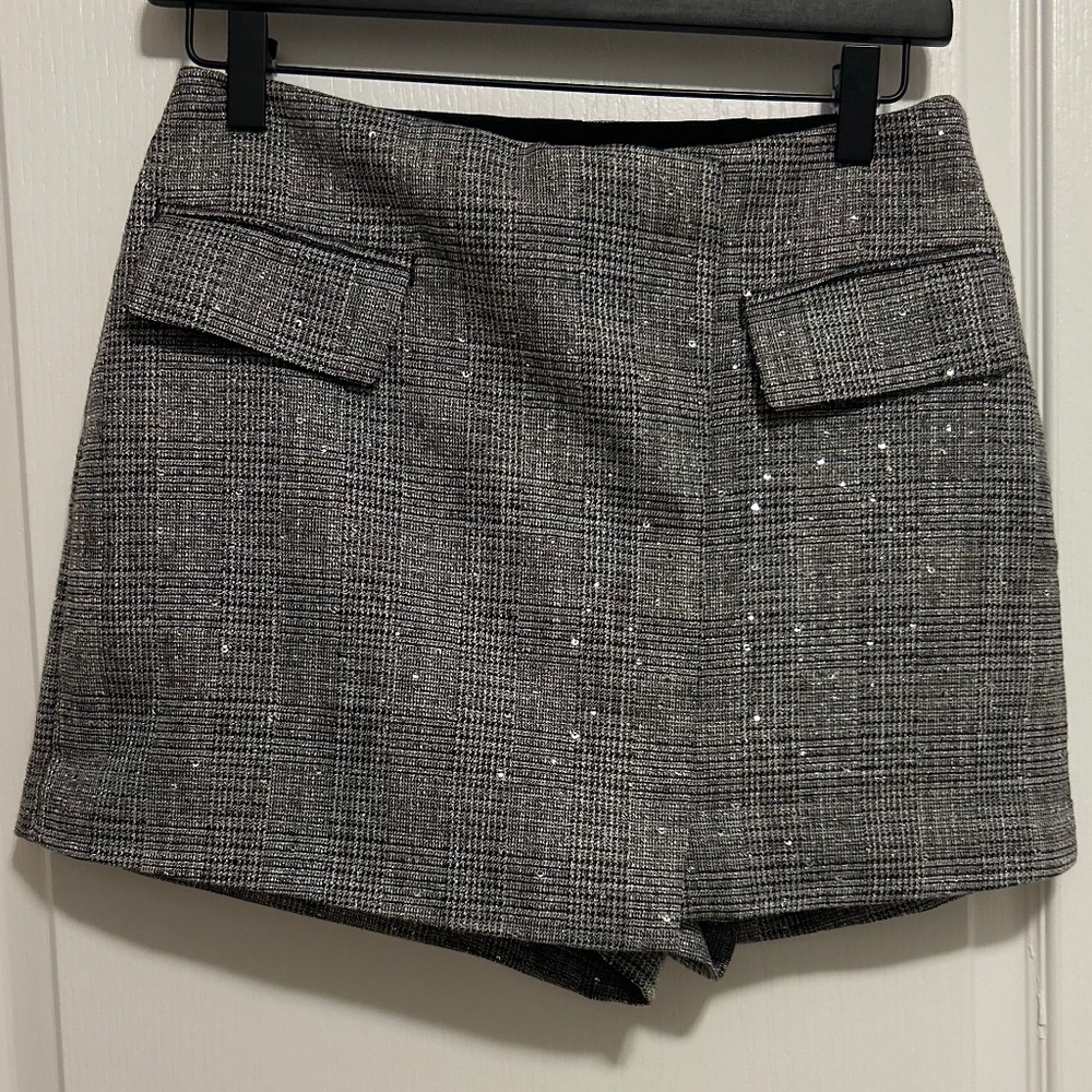 Super High Waisted Sequin Plaid Wrap Skort Express